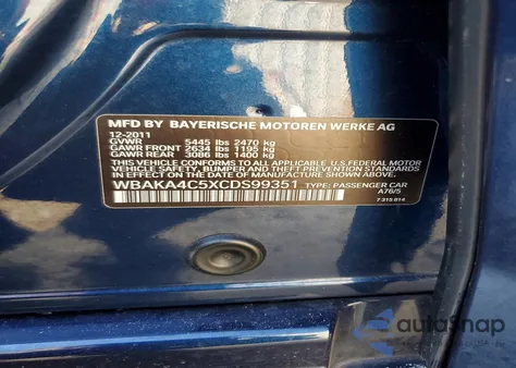 2012 BMW 740 I z USA, uszkodzony, nr VIN WBAKA4C5XCDS99351